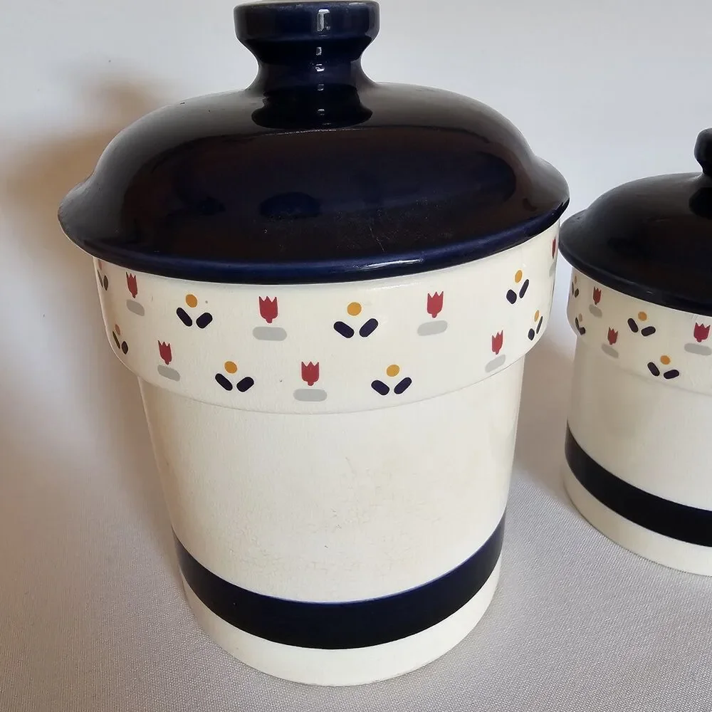 Vtg 1983 Sango Country Borders Nesting Canisters Colbalt Blue w/Tulip Design